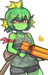  1girl blush closed_mouth collarbone dog_tags eyebrows fish green_hair green_skin gun holding holding_gun holding_weapon looking_at_viewer nuclear_throne red_eyes short_hair smile solo wahae weapon 