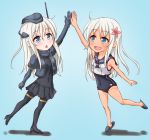  1girl :o ;d anti_(untea9) black_footwear black_skirt blonde_hair blue_background blue_eyes chibi commentary_request cropped_jacket dual_persona eyebrows_visible_through_hair flower garrison_cap hair_flower hair_ornament hat high_five high_heels highres kantai_collection long_hair military military_uniform one_eye_closed open_mouth pantyhose pleated_skirt ro-500_(kantai_collection) school_swimsuit school_uniform serafuku simple_background skirt slippers smile swimsuit tan thigh-highs u-511_(kantai_collection) uniform 