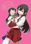  2girls :d ^_^ ^o^ akagi_(kantai_collection) black_hair brown_eyes closed_eyes dual_persona food hair_between_eyes hakama hakama_skirt hamburger heart holding holding_food japanese_clothes kantai_collection long_hair multiple_girls open_mouth pink_background red_hakama simple_background smile tachikoma_(mousou_teikoku) tasuki thigh-highs white_legwear 