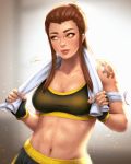  1girl arm_tattoo breasts brigitte_(overwatch) brown_eyes brown_hair cleavage fingerless_gloves freckles gloves medium_breasts navel overwatch ponytail smile solo sports_bra stomach tattoo toned towel umigraphics upper_body 