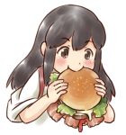  1girl akagi_(kantai_collection) bacon bangs black_hair blush brown_eyes eating eyebrows_visible_through_hair food holding holding_food kantai_collection karasu_(naoshow357) long_hair salad sauce shiny shiny_hair short_sleeves sidelocks simple_background smile solo tareme two-handed upper_body white_background wide_sleeves 