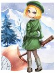  1girl axe blonde_hair coat commentary_request fate/grand_order fate_(series) gloves green_hat hat highres long_sleeves mountain paul_bunyan_(fate/grand_order) smile snow solo yellow_eyes zassounabe 