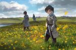 1girl 2boys belt belt_pouch black_gloves black_legwear brown_eyes brown_hair clouds collared_shirt day double-breasted expressionless field flower flower_field gloves grass gun highres long_coat looking_at_viewer meadow multiple_boys original ponytail poppy_(flower) rifle scenery shirt short_hair skirt sky tall_grass treeware weapon 
