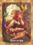  2girls animal_ears apron back-to-back blonde_hair braid butterfly company_name fire flower force_of_will green_eyes hair_flower hair_ornament hood leaf little_red_riding_hood_(force_of_will) long_hair mirror multiple_girls nyarlathotep_(force_of_will) official_art open_mouth sitting twin_braids wolf_ears 