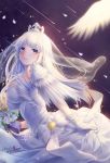  1girl artist_name azur_lane bangs blush bouquet breasts bridal_veil crown dress earrings enterprise_(azur_lane) eyebrows_visible_through_hair flower gloves holding jewelry large_breasts long_hair looking_at_viewer looking_back mini_crown parted_lips petals smile solo standing twitter_username veil violet_eyes white_dress white_gloves white_hair youqiniang 