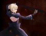  1girl artoria_pendragon_(all) backless_outfit black_bow black_dress black_ribbon blonde_hair bow choker dark_excalibur dress embers fate/stay_night fate_(series) fingerless_gloves from_behind gloves hair_bun hair_ribbon highres holding holding_sword holding_weapon juliet_sleeves long_sleeves looking_at_viewer profile puffy_sleeves ribbon saber_alter short_hair solo sword weapon yellow_eyes zyl 