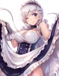  1girl ;) absurdres apron arm_guards azur_lane bangs bare_shoulders belfast_(azur_lane) black_skirt blush braid breasts chains cleavage collar cowboy_shot elbow_gloves french_braid frilled_apron frilled_gloves frilled_skirt frills garter_straps gloves high-waist_skirt highres large_breasts lifted_by_self lips long_hair looking_at_viewer maid maid_headdress mappaninatta one_eye_closed panties panty_peek shiny shiny_hair silver_hair simple_background skirt skirt_lift sleeveless smile solo standing swept_bangs underwear violet_eyes waist_apron white_background white_gloves white_panties 