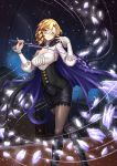  1girl adsouto blonde_hair breasts cape cleavage cleavage_cutout corset earrings erect_nipples glasses glynda_goodwitch green_eyes highres jewelry magic medium_breasts pantyhose pencil_skirt riding_crop rwby shirt skirt star starry_background tagme taut_clothes taut_shirt teacher 