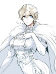  1girl blonde_hair blue_eyes breasts cape earrings elbow_gloves fate/grand_order fate_(series) fur_trim gawain_(fate/extra) gawain_(fate/grand_order) genderswap genderswap_(mtf) gloves hand_on_own_chest jewelry large_breasts looking_at_viewer platinum_blonde short_hair solo zuwai_kani 