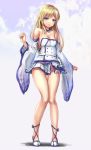  1girl absurdres blonde_hair blue_eyes breasts closed_mouth commentary detached_collar detached_sleeves eyebrows_visible_through_hair fii_fii_(feefeeowo) full_body highres long_hair looking_at_viewer medium_breasts no_panties original solo standing 