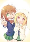  2girls :d ;d animal_ears animal_hood ayanepuna battle_girl_high_school blonde_hair blue_jacket blurry blurry_foreground blush bow bowtie brown_eyes brown_hair brown_neckwear bunny_hood collared_shirt depth_of_field green_eyes green_skirt hands_up highres hood hood_up hoodie hoshitsuki_miki jacket long_hair long_sleeves multiple_girls one_eye_closed open_clothes open_hoodie open_mouth outstretched_arm own_hands_together plaid plaid_skirt pleated_skirt rabbit_ears school_uniform serafuku shirt sidelocks skirt sleeves_past_wrists smile v watagi_michelle white_hoodie white_shirt 