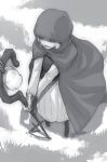  1girl ayakura_juu bell cape closed_eyes from_above full_body greyscale holding holding_staff hood hooded long_skirt monochrome nora_arento novel_illustration official_art open_mouth outdoors skirt smile solo spice_and_wolf staff standing 