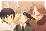  3boys ahoge america_(hetalia) axis_powers_hetalia bangs black_gloves black_hair black_neckwear blue_eyes blush brown_eyes brown_hair dated fur_trim gloves green_eyes hand_on_another&#039;s_shoulder highres japan_(hetalia) long_sleeves looking_at_viewer multiple_boys necktie nikkezyoruno one_eye_closed open_mouth semi-rimless_eyewear short_hair sweat under-rim_eyewear united_kingdom_(hetalia) upper_body w 