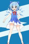  1girl artist_name bangs bare_arms bare_legs blue_background blue_bow blue_dress blue_eyes blue_hair bow cirno dress eyebrows_visible_through_hair hair_between_eyes hair_bow hand_on_hip highres ice ice_wings looking_at_viewer ochazuke open_mouth red_footwear red_neckwear shoes short_dress short_sleeves signature socks solo standing touhou two-tone_background white_legwear wings 