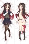  1girl argyle argyle_legwear ass bakugadou bed_sheet black_legwear black_skirt blush bow bowtie bra buttons closed_mouth dakimakura full_body gradient_hair hair_bow kneehighs long_hair long_sleeves looking_at_viewer lying multicolored_hair multiple_views no_shoes on_back on_stomach one_side_up panties pantyhose plaid plaid_bra plaid_panties red_bow red_neckwear ryuuou_no_oshigoto! shirt side-tie_panties sidelocks skirt thigh_gap two-tone_hair underwear underwear_only white_shirt yashajin_ai 