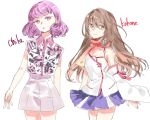  2girls alternate_costume bob_cut brown_eyes brown_hair character_name chika_(vocaloid) detached_sleeve high-waist_shorts kokone_(vocaloid) lipstick makeup multiple_girls pink_hair scarf short_hair shorts sketch skirt vocaloid white_shorts 