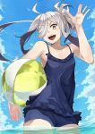  1girl absurdres ahoge alternate_costume armpit_peek asashimo_(kantai_collection) ball beachball blue_swimsuit casual_one-piece_swimsuit day grey_eyes grey_hair hair_over_one_eye highres holding holding_ball kanmiya_shinobu kantai_collection one-piece_swimsuit open_mouth outdoors partially_submerged ponytail sharp_teeth sky solo standing swimsuit teeth 