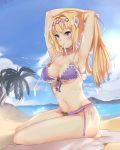  1girl adjusting_hair ardi_rayhan armpits bangs beach beach_towel bikini blonde_hair blue_eyes blush breasts clouds day eyebrows_visible_through_hair flower front-tie_bikini front-tie_top full_body granblue_fantasy hair_flower hair_ornament hairband highres jeanne_d&#039;arc_(granblue_fantasy) large_breasts lily_(flower) long_hair looking_at_viewer mouth_hold navel outdoors purple_bikini ribbon seiza side-tie_bikini sitting sky solo sweat swimsuit towel tying_hair unfinished_background white_flower white_ribbon 