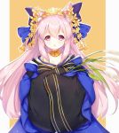 1girl :o alternate_costume animal_ears azur_lane bangs blue_bow blue_kimono blush bow cat_ears chestnut_mouth commentary_request eyebrows_visible_through_hair flower hair_between_eyes hair_bow hair_flower hair_ornament japanese_clothes kimono kisaragi_(azur_lane) long_hair long_sleeves looking_at_viewer outline oversized_clothes own_hands_together parted_lips pink_hair sleeves_past_fingers sleeves_past_wrists solo tengxiang_lingnai very_long_hair violet_eyes white_outline wide_sleeves yellow_flower 