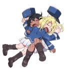  2girls andou_(girls_und_panzer) bangs bc_freedom_(emblem) bc_freedom_military_uniform bite_mark black_footwear black_hair blonde_hair blue_hat blue_jacket boots closed_eyes commentary dark_skin dirty dirty_face emblem eyebrows_visible_through_hair fang full_body girls_und_panzer hat jacket knee_boots long_sleeves lying lying_on_person medium_hair military military_hat military_uniform miniskirt multiple_girls on_back on_stomach open_mouth oshida_(girls_und_panzer) pleated_skirt shako_cap shutou_mq simple_background skirt sleeping uniform white_background white_skirt younger 