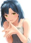  1girl blue_hair blush dress hands_together hinoshita_akame idolmaster idolmaster_million_live! nanao_yuriko open_mouth own_hands_together short_hair simple_background smile solo upper_body white_background white_dress yellow_eyes 