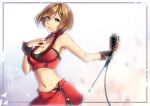  1girl bare_shoulders breasts brown_hair choker cleavage commentary cuffs eyebrows_visible_through_hair happy_birthday meiko microphone microphone_stand miniskirt nail_polish navel red_skirt short_hair skirt smile vocaloid yen-mi 