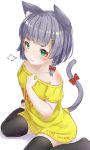  absurdres animal_ears bare_shoulders blush bow braid cat_ears cat_tail closed_mouth eyebrows_visible_through_hair green_eyes grey_hair hair_bow hair_ornament hairclip highres hyouta_(yoneya) off_shoulder original ribbon shirt short_hair sitting t-shirt tail tail_ribbon thigh-highs wariza whisker_markings 