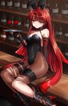  1girl alcohol alice360 animal_ears black_footwear black_gloves black_leotard bloody_queen_(elsword) bottle brown_legwear cup drinking_glass elbow_gloves elesis_(elsword) elsword full_body gloves highres leotard long_hair looking_at_viewer pantyhose rabbit_ears red_eyes redhead shoes sitting solo thighlet torn_clothes torn_pantyhose tray wine wine_bottle wine_glass 