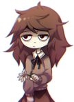  1girl :| bags_under_eyes brown_hair care closed_mouth daisy flower jitome messy_hair pale_skin petscop wide-eyed yatsunote 