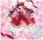  1girl :o ascot bow branch brown_hair cherry_blossoms commentary detached_sleeves floral_print frilled_bow frilled_hair_tubes frilled_skirt frills full_body hair_bow hair_tubes hakurei_reimu holding knees_together_feet_apart long_hair looking_at_viewer midriff_peek pink_eyes red_bow red_shirt red_skirt ribbon-trimmed_sleeves ribbon_trim sandals shionty shirt sidelocks skirt solo tabi touhou wide_sleeves 