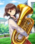  1girl ;d absurdres blue_sky brown_eyes brown_hair clouds collarbone day euphonium floating_hair green_ribbon grey_sweater hair_ribbon highres holding holding_instrument instrument kishida_mel looking_at_viewer one_eye_closed open_mouth outdoors red_skirt ribbon school_fanfare short_hair skirt sky smile solo standing 