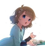  1girl blue_eyes blush book brown_hair collarbone eyebrows_visible_through_hair flower hair_flower hair_ornament holding holding_book idolmaster idolmaster_million_live! kamille_(vcx68) long_sleeves looking_at_viewer open_book open_mouth short_hair solo suou_momoko upper_body 