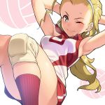  1girl arms_behind_back blonde_hair brown_eyes closed_mouth girls_und_panzer hair_pulled_back hairband knee_pads legs long_hair one_eye_closed pairan red_legwear red_shirt red_shorts sasaki_akebi shirt short_shorts shorts sit-up sleeveless sleeveless_shirt smile socks solo sportswear v-shaped_eyebrows volleyball volleyball_uniform white_hairband 