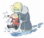 age_regression artoria_pendragon_(all) artoria_pendragon_(lancer) blonde_hair coat fate/apocrypha fate/grand_order fate_(series) green_eyes mordred_(fate) mordred_(fate)_(all) mother_and_daughter picking_up pointy_ears saber saber_of_red snow takatsuki_nato winter_clothes winter_coat younger 