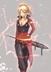  1girl alternate_costume arm_at_side armpit_peek bangs belt_buckle black_pants black_vest blonde_hair boots breasts brown_footwear buckle chains clarent closed_mouth collarbone commentary_request cropped_vest detached_sleeves electricity eyebrows_visible_through_hair fate/grand_order fate_(series) green_eyes grey_background groin hair_ornament hair_scrunchie hand_on_hip high_collar high_ponytail highres jewelry knee_boots looking_at_viewer medium_hair midriff mordred_(fate) mordred_(fate)_(all) necklace ohako_(ohako1818) pants parted_bangs ponytail red_belt red_scrunchie red_shirt scrunchie sheath sheathed shirt sidelocks simple_background small_breasts smile solo standing striped striped_pants sword thigh_gap tsurime v-shaped_eyes vest weapon zipper zipper_pull_tab 