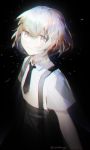  androgynous black_background diamond_(houseki_no_kuni) gem_uniform_(houseki_no_kuni) houseki_no_kuni looking_at_viewer mncpa multicolored multicolored_eyes multicolored_hair necktie rainbow_eyes rainbow_hair short_hair smile solo suspenders white_hair 
