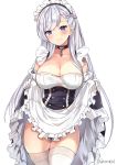  1girl apron apron_lift artist_name azur_lane bangs belfast_(azur_lane) blue_eyes blush braid breasts chains cleavage closed_mouth collar collarbone corset cowboy_shot eyebrows_visible_through_hair french_braid frilled_apron frills gloves kaetzchen large_breasts long_hair looking_at_viewer maid_headdress signature silver_hair simple_background skirt skirt_lift smile solo swept_bangs thigh-highs thighs tsurime white_background white_gloves white_legwear 