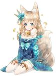  1girl :&lt; animal_ears azur_lane bare_shoulders bell between_legs blue_bow blue_eyes blue_flower blue_kimono blush bow breasts cleavage closed_mouth commentary_request crescent flower fox_ears fox_girl fox_tail full_body fur_collar hair_flower hair_ornament hand_between_legs highres japanese_clothes jingle_bell kikka_(kicca_choco) kimono kyuubi light_brown_hair long_sleeves medium_breasts multiple_tails niizuki_(azur_lane) off_shoulder seiza simple_background sitting solo tail tears thigh-highs white_background white_legwear wide_sleeves 
