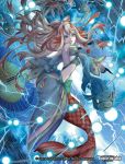  1girl bare_shoulders blue_eyes breasts cleavage company_name electricity fish force_of_will hair_ornament horns japanese_clothes long_hair mermaid midriff monster_girl multicolored_hair nanahara_shie navel official_art open_mouth oriental_umbrella pale_skin rain redhead shaela_(force_of_will) solo two-tone_hair umbrella white_hair 