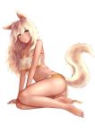  1girl absurdres animal_ears arm_support ass bikini blonde_hair breasts closed_mouth eyebrows_visible_through_hair fang highres jiliang_jiying_yumao large_breasts long_hair looking_at_viewer original simple_background sitting slit_pupils swimsuit tail yellow_bikini yellow_eyes 