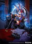  1boy 1girl animal_ears ayu_(force_of_will) blue_eyes blue_hair breasts cape cleavage company_name force_of_will gloves hair_over_one_eye horns japanese_clothes leaf long_hair misa_tsutsui nail_polish night night_sky official_art panther rabbit_ears sandals sitting sky star_(sky) thigh-highs throne welser_(force_of_will) white_hair 