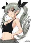  1girl anchovy bangs black_ribbon breasts cleavage closed_mouth commentary crop_top dated drill_hair excel_(shena) eyebrows_visible_through_hair girls_und_panzer green_hair grey_pants hair_ribbon hand_on_hip highres long_hair looking_at_viewer midriff navel pants red_eyes ribbon simple_background smile solo standing tank_top twin_drills twintails twitter_username upper_body white_background 