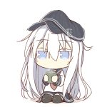  1girl ayanepuna bangs black_hat black_legwear black_skirt blue_eyes blush brown_neckwear chibi cup eyebrows_visible_through_hair flat_cap full_body hair_between_eyes hat hibiki_(kantai_collection) holding holding_cup jitome kantai_collection long_hair long_sleeves looking_at_viewer neckerchief school_uniform seiza serafuku shirt silver_hair sitting skirt solo steam thigh-highs very_long_hair white_background white_shirt yunomi 