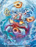  1girl blue_eyes blue_hair company_name force_of_will horns jewelry long_hair mephina_(force_of_will) mermaid monster_girl multicolored_hair necklace nekobayashi official_art open_mouth orange_hair solo staff teeth twintails two-tone_hair water 