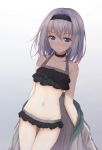  1girl akira_(been0328) bikini black_bikini black_choker black_hairband blue_eyes blush choker closed_mouth frilled_bikini frills gradient gradient_background grey_background hairband looking_at_viewer navel ryuuou_no_oshigoto! short_hair silver_hair solo sora_ginko swimsuit 