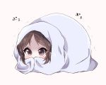  1girl bangs blanket blush brown_eyes brown_hair covering_mouth eyebrows_visible_through_hair full_body idolmaster idolmaster_cinderella_girls motion_lines parted_bangs scared sidelocks simple_background solo sweat tachibana_arisu translation_request trembling under_covers yellow_background yumeno_(rubbercup) 