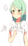  !? ... 1girl :| aqua_hair bang_dream! blush clenched_hand closed_mouth commentary_request controller game_controller green_eyes hikawa_sayo long_hair print_shirt shirt short_sleeves simple_background solo spoken_ellipsis sweatdrop t-shirt v-shaped_eyebrows white_background white_shirt yae_(eky_567) 