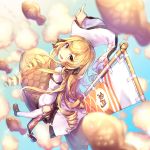  1girl blonde_hair blue_sky blurry blurry_background brown_eyes character_request commentary_request copyright_request drill_hair eyebrows_visible_through_hair flag flying food from_above highres index long_hair looking_at_viewer open_mouth riding shennai_misha shoes sky solo taiyaki thigh-highs wagashi white_legwear 