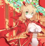  1girl ahoge blonde_hair breasts cleavage closed_mouth epaulettes fang fate/extra fate_(series) green_eyes hair_ribbon highres looking_at_viewer medium_breasts naruwe nero_claudius_(fate) nero_claudius_(fate)_(all) petals red_ribbon ribbon short_hair smile solo sparkling_eyes 