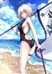  +_+ 1girl ahoge ass backless_outfit bangle bangs banner bare_arms bare_shoulders beach black_swimsuit blue_sky bracelet breasts casual_one-piece_swimsuit clouds cloudy_sky day eyebrows_visible_through_hair fate/grand_order fate_(series) from_behind hair_between_eyes highres holding holding_sword holding_weapon horizon jeanne_d&#039;arc_(alter)_(fate) jeanne_d&#039;arc_(fate)_(all) jewelry large_breasts looking_at_viewer looking_back medium_hair ocean one-piece_swimsuit outdoors pale_skin parted_lips sand shiguru shiny shiny_hair sideboob silver_hair sky smile solo standing swimsuit sword thigh_strap weapon yellow_eyes 